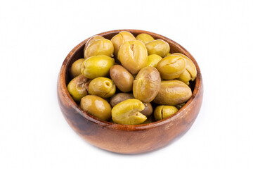 Cracked green olives on the white background. Turkish style olive (Turkish name; kirma zeytin)