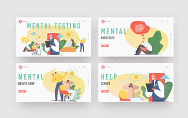 Mental Testing Landing Page Template Set. Psychotherapy Helpline Online Consultation. Depressed Woman and Doctor