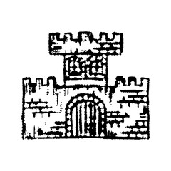 Old castle icon. Front view. Ink outline sketch drawing. Vector flat graphic hand drawn illustration. Texture.
