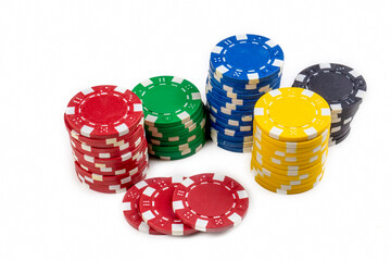 Poker chips on the white background