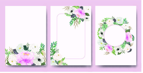 Vector light pink watercolor floral card set