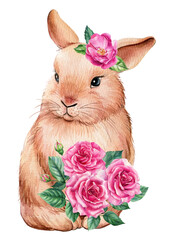 Bunny with pink flowers on white isolated background, watercolor illustration
