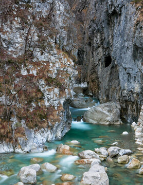 Rapids in Dovzanova soteska gorge. Road Tunnel carved in rock.