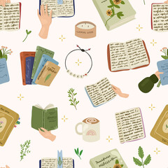 Colored books seamless pattern with leaves,candle,coffee and hands that hold the books. Reading vector hand drawn illustration.