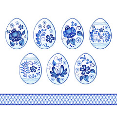 Set of colorful Easter eggs. Decorated with Gzhel, Russian traditional painted floral pattern. Seamless pattern brush.
