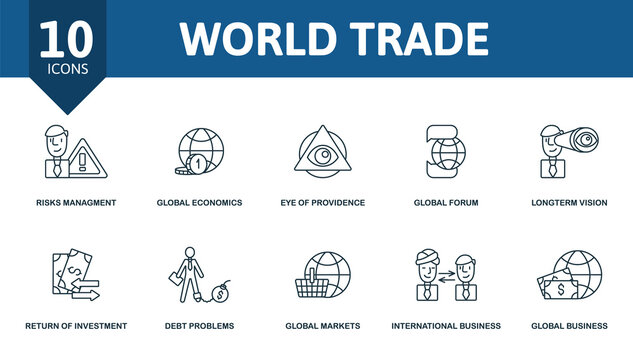 World Trade icon set. Collection contain development solution, risks management, global economics, eye of providence, global forum and over icons. World Trade elements set.