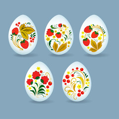 Set of colorful Easter eggs. Decorated with Khokhloma, Russian traditional painted floral pattern.  