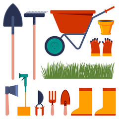Garden tools vector cartoon set isolated on a white background.