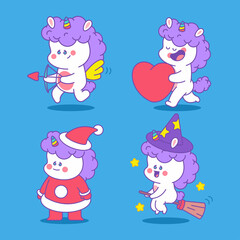 Unicorn holiday characters vector cartoon set isolated on background.