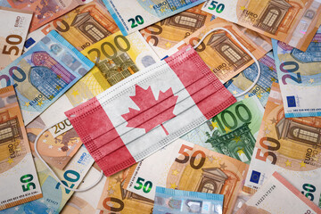 Medical mask with the flag of Canada on a variety of european banknotes.(series)