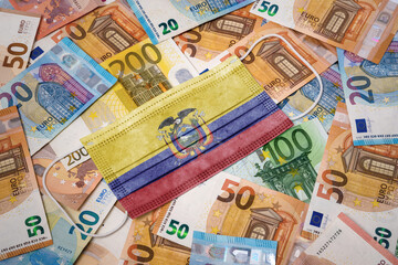 Medical mask with the flag of Ecuador on a variety of european banknotes.(series)