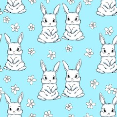 Seamless Pattern Rabbit. Hand Drawn Bunny, print design rabbit background. Vector Seamless. Print Design Textile for Kids Fashion.