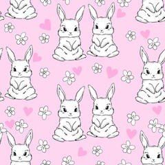 Seamless Pattern Rabbit. Hand Drawn Bunny, print design rabbit background. Vector Seamless. Print Design Textile for Kids Fashion.