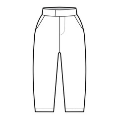 Short capri pants technical fashion illustration with knee length, normal waist, high rise, slashed pocket, extended waistband. Flat bottom template front, white color style. Women, men CAD mockup