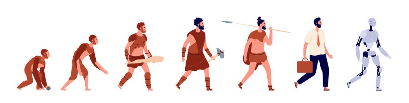 Human evolution. Animal man, business clothes person cyborg. Primitive caveman, stone ages male character, anthropology vector concept. Monkey and caveman, evolution primate development illustration