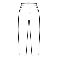 Short capri pants technical fashion illustration with mid-calf length, normal waist, high rise, slashed, flap pocket. Flat breeches bottom template front, white color style. Women, men CAD mockup