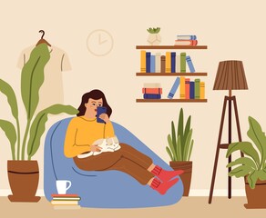 Girl relaxed. Woman home, cat sleep on knee. Young female using smartphone in living room. House garden, domestic plants in relax zone vector concept. Illustration woman in house, cozy chair
