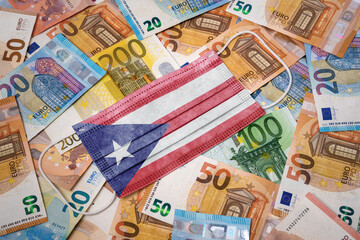 Medical mask with the flag of Puerto Rico on a variety of european banknotes.(series)