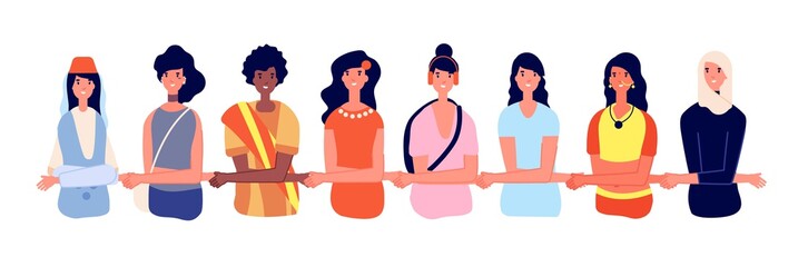 Obraz premium Diverse women together. Woman group, girl activity. Power and female empowerment, strong feminist sisterhood community utter vector concept. Together female, women young diversity illustration