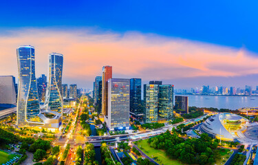 Aerial photography of Hangzhou city modern architecture landscape.