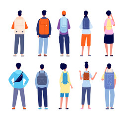 Backpackers characters. Travelling equipment, people backpack on back. Travel person stand with their backs, hiking or vacations utter vector set. Illustration character with backpack and equipment