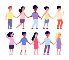 Kids holding hands. Multicultural people, cartoon children friends together. Happy face, isolated kindergarten group, friendship utter vector concept. People kids multicultural happy