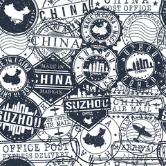 Fototapeta premium Suzhou, Anhui, China Set of Stamps. Travel Passport Stamps Pattern. Made In Product. Design Seals in Old Style Insignia Seamless. Icon Clip Art Vector Collection.