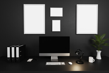 modern clean office workspace with computer screen and dark concrete wall and large white empty canvas; copy space; 3D Illustration