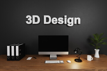 modern organized tidy clean office workspace with computer screen and dark concrete wall; 3d design lettering; 3D Illustration