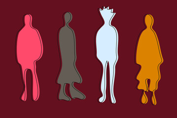 Abstract colorful group of distorted and awry characters. Fashion, success and business concept. Weird shapes of human bodies in muted pink, orange, green and blue on beige red. Black outline.