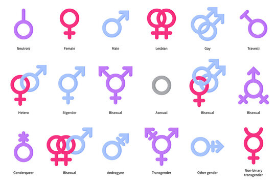 Set of gender symbols of man, woman, gay, lesbian, bisexual, transgender atc. Vector flat design isolated on white background.