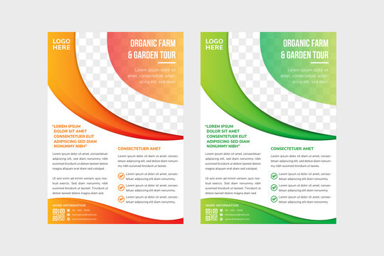 Organic Farm And Garden Tour Flyer Template Design Use Vertical Layout. White Background With Orange And Green Gradient Elements. Trendy And Modern Design, Suitable For Brochure, Banner And Other