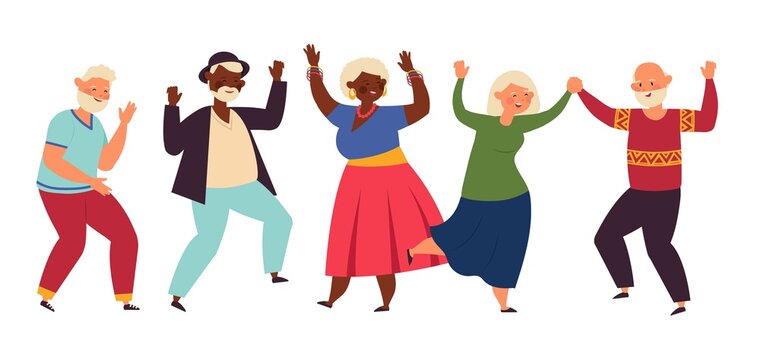 Dancing Seniors. Elderly Party, Senior People Dance Fun. Old Friends, Isolated Happy Active Grandparents, Diverse Dancers Decent Vector Set. Illustration People Group Mature Together Dance