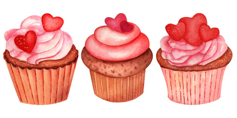 Watercolors hand drawing sweets. Hand drawn watercolor cupcake set