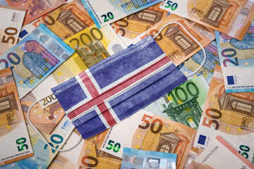 Medical mask with the flag of Iceland on a variety of european banknotes.(series)