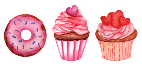 Watercolors hand drawing sweets. Hand drawn watercolor cupcake set