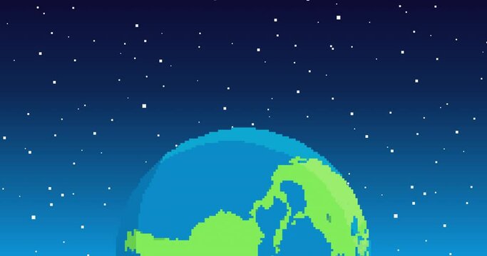 Animation of pixel planet Earth. Pixel art 8 bit space vector loop