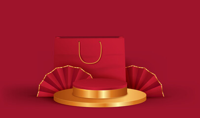 Gold round podium with shopping bag and chinese fan on red background for product promotion. Vector illustration.