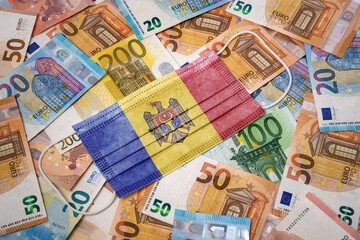 Medical mask with the flag of Moldova on a variety of european banknotes.(series)