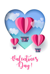 Happy Valentine’s day greeting banner in paper cut realistic style. Paper hearts and clouds. Calligraphy text.