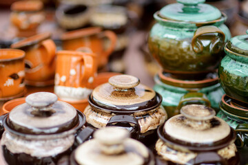 Ceramic dishes, tableware and jugs sold on Easter market in Vilnius. Lithuanian capital's traditional crafts fair is held every March on Old Town streets.