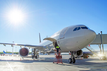 Airplane after landing with an open luggage compartment, against the background of the bright sun in the blue sky.