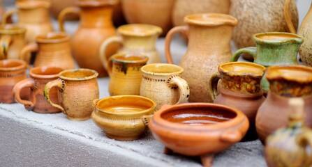 Ceramic dishes, tableware and jugs sold on Easter market in Vilnius. Lithuanian capital's traditional crafts fair is held every March on Old Town streets.