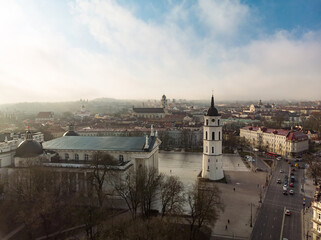 Fototapeta na wymiar Beautiful sunny Vilnius city scene in winter. Aerial early morning view.