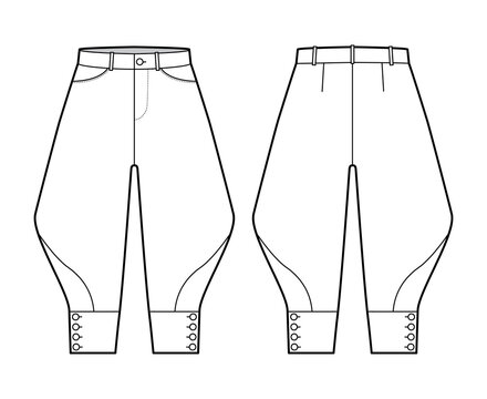 Riding breeches short pants technical fashion illustration with knee length, low waist, rise, curved pocket, buttoned. Flat bottom template front, back, white color style. Women, men CAD mockup