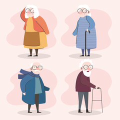 group of four grandparents using canes and walker characters vector illustration design