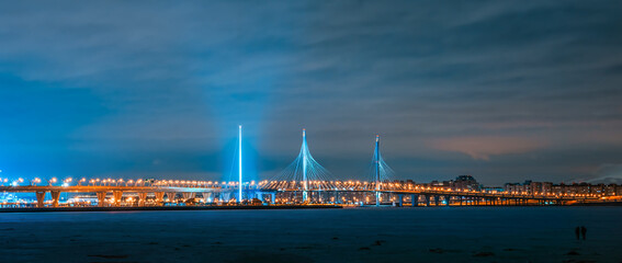 View of the Western High-Speed Bridge Diameter at night. Finnish bay. 