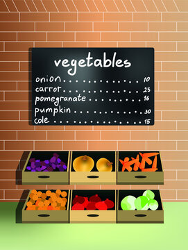 shop of vegetables and fruits, organic products. counter with drawer and chalk board with prices. brick wall and boxes with vegetables.