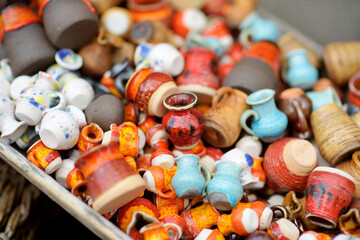 Ceramic dishes, tableware and jugs sold on Easter market in Vilnius. Lithuanian capital's traditional crafts fair is held every March on Old Town streets.