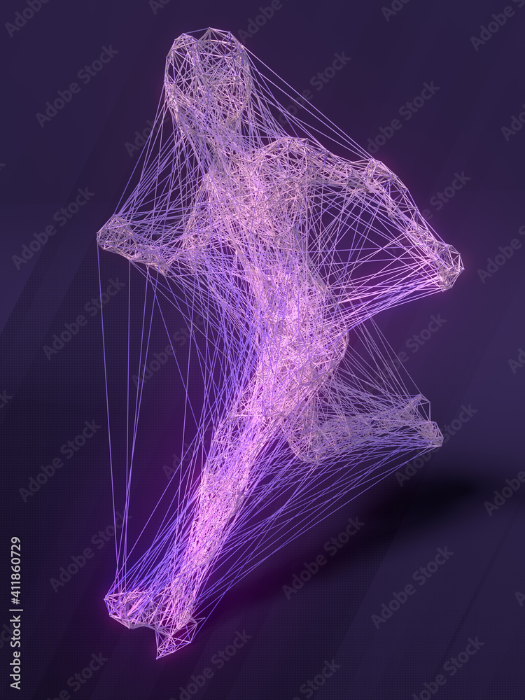 Aufkleber 3d rendering running wire man on the violet background. Modern wireframe for medical design. Digital illustration
